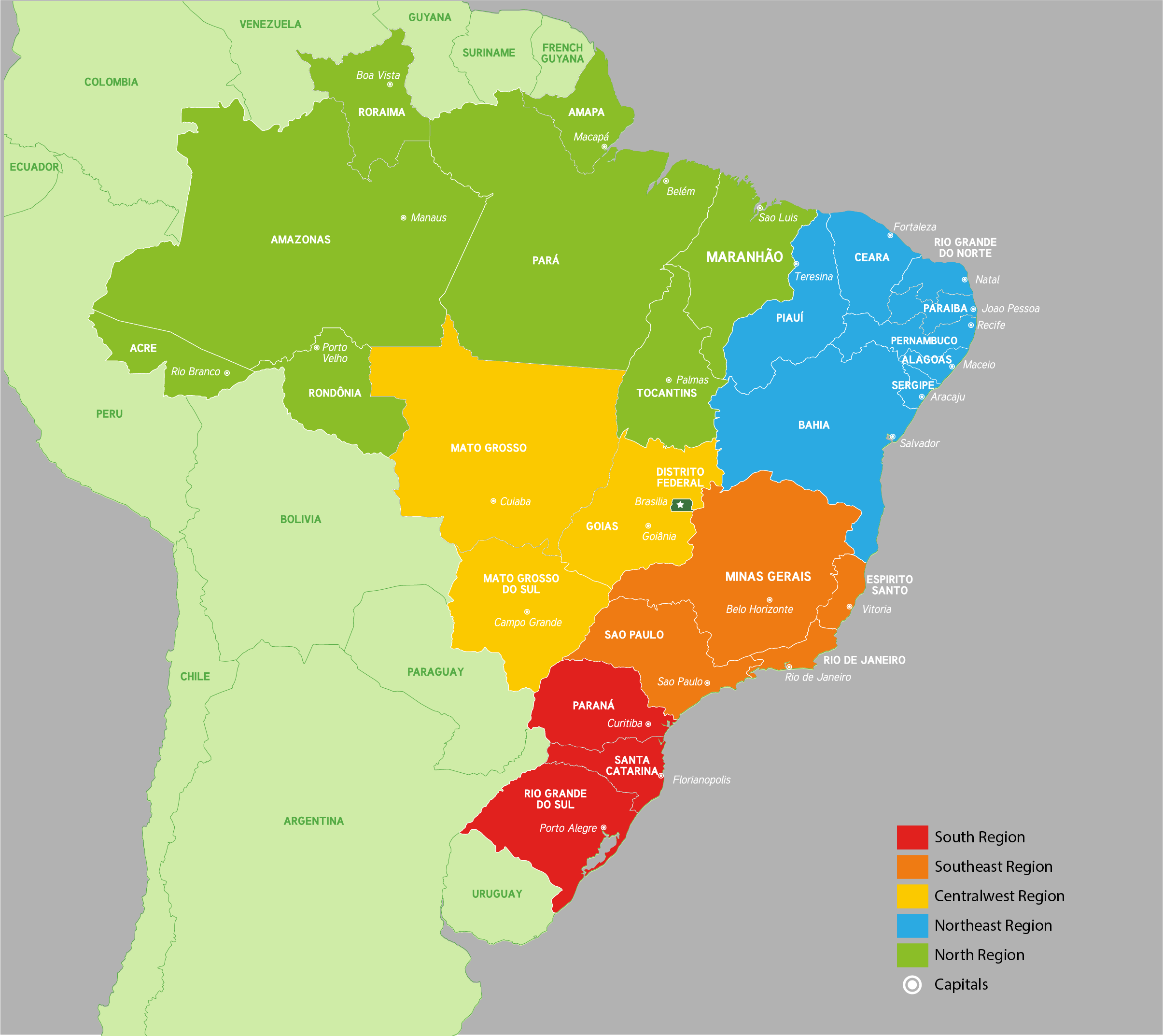 Mapa do Brasil mostrando as cinco regiões geográficas: Norte, Nordeste, Centro-Oeste, Sudeste e Sul.