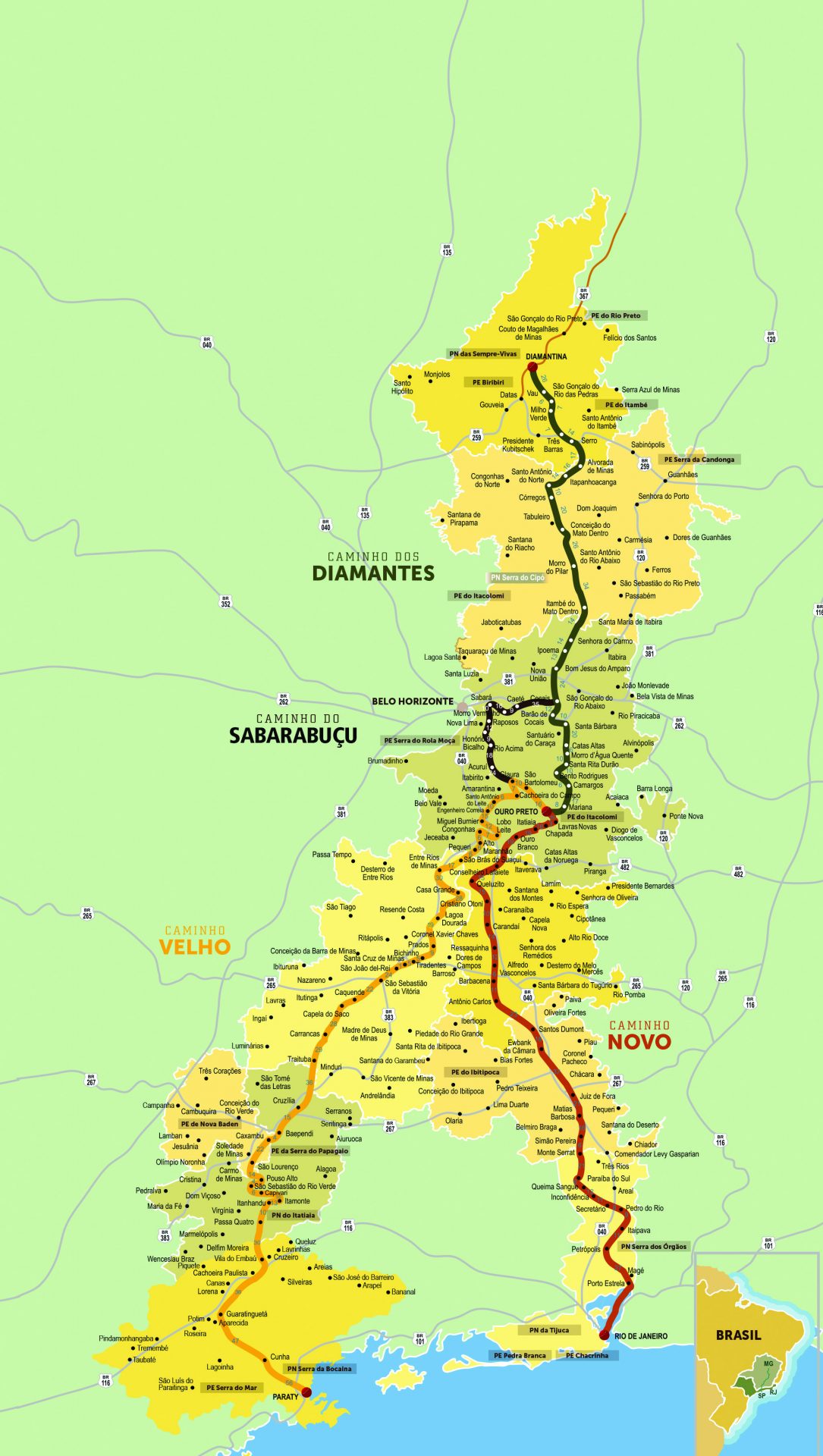 Um mapa da Estrada Real, um roteiro turístico em Minas Gerais, Brasil.
